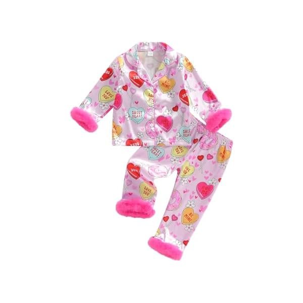 2Pcs Valentines Pajamas for Toddler Girl Lapel Button Bows Heart Print Tops and Pants Little Kids Girls PJ Nightgown