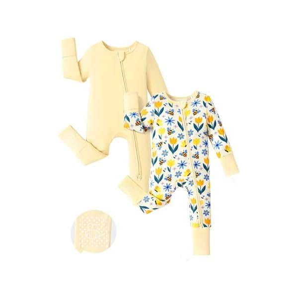 Baby Footie Romper, Viscose from Bamboo, Long Sleeve, 2-Way Zipper, Fold-Over Mittens, Cuffs & Anti-Slip Grips